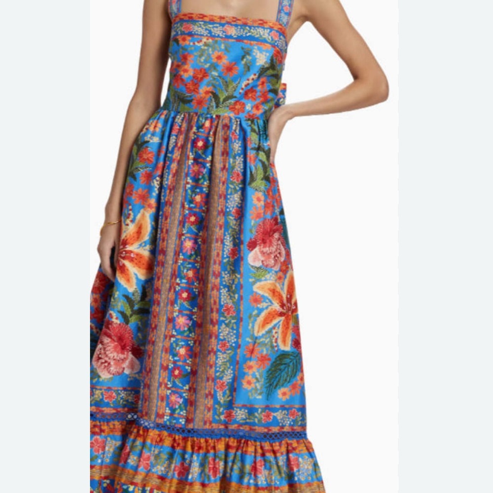 FARM Rio Blue and Orange Ruffled Tiered Maxi Sundress